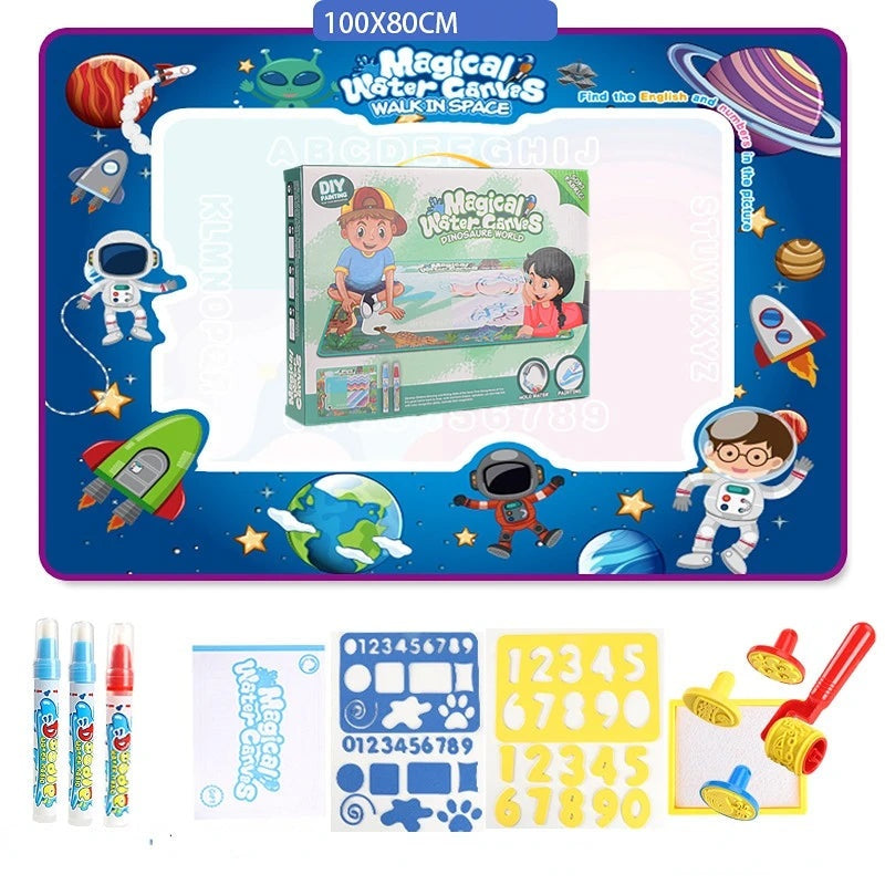 Magic Water Drawing Mat – Reusable 100×80cm Doodle Board with Pens & Stencils for Kids