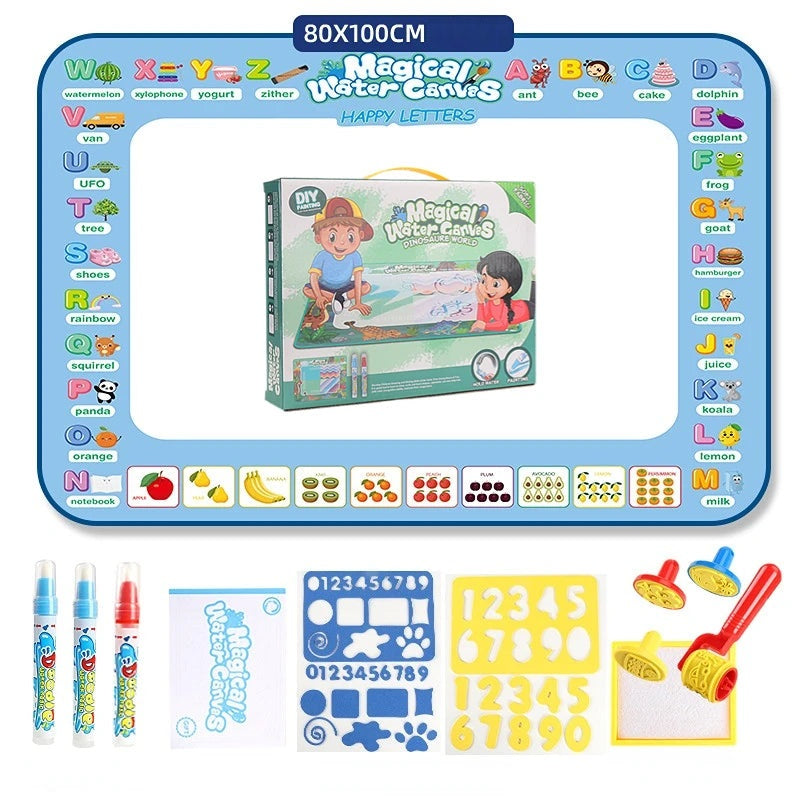 Magic Water Drawing Mat – Reusable 100×80cm Doodle Board with Pens & Stencils for Kids